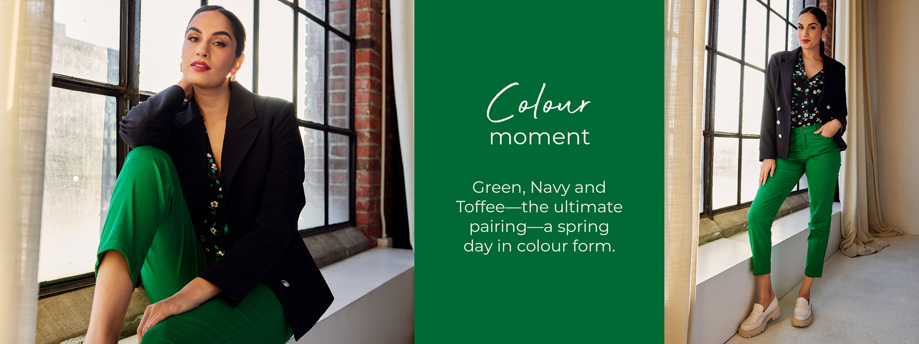 Colour moment. Green, navy and toffee, the ultimate pairing, a spring day in colour form.