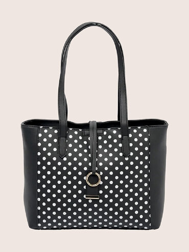 black handbag with white dot pattern