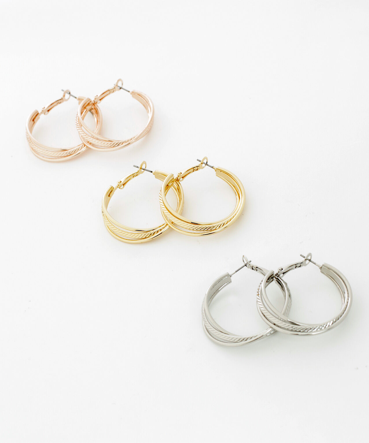 Gold Silver & Bronze 3-Hoop Earrings Trio