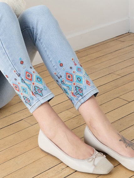 Light Wash Aztec Embroidered Ankle Jeans  Image 4