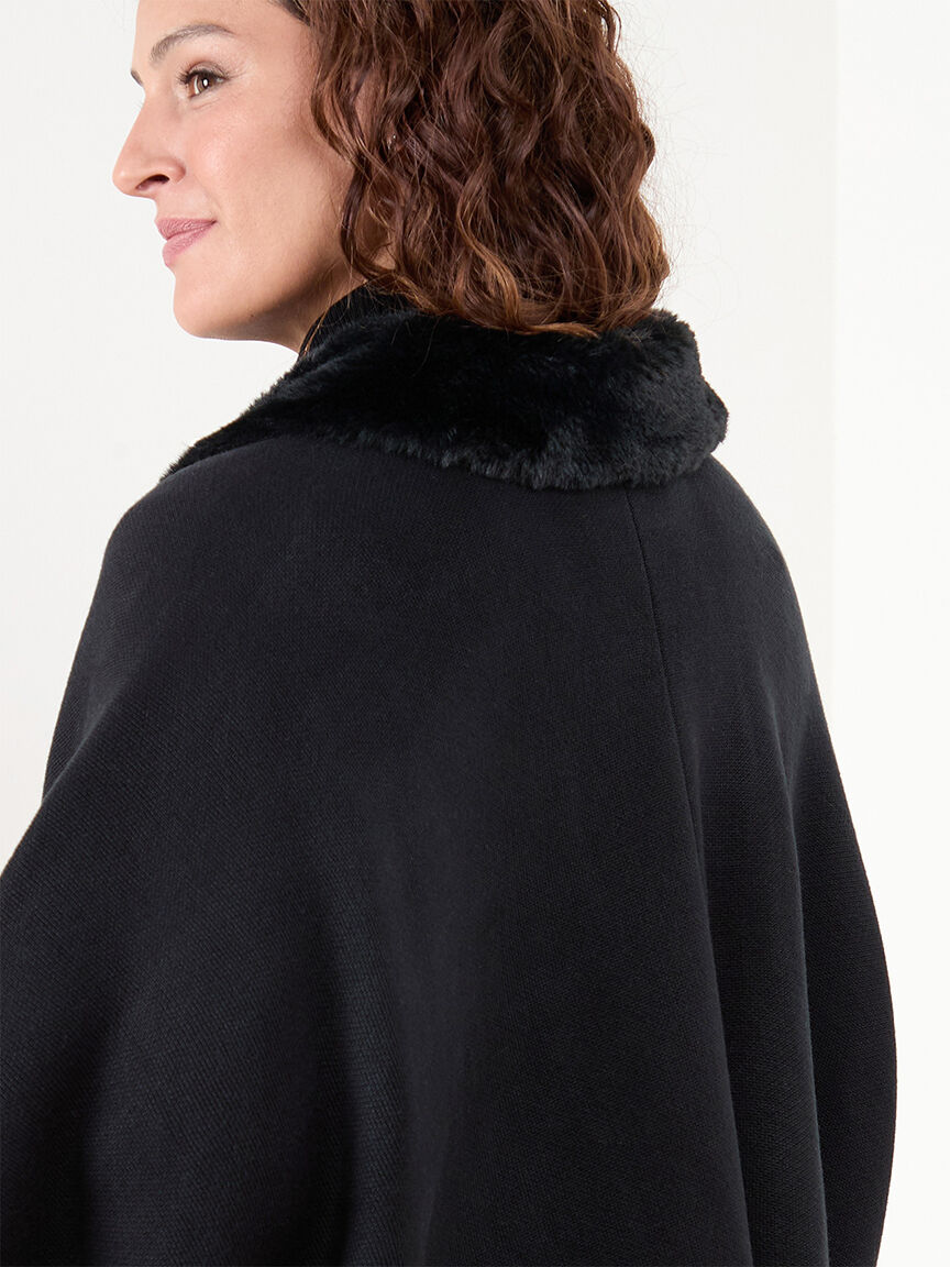 Open poncho sweater with removable fur trim Cleo Black S M