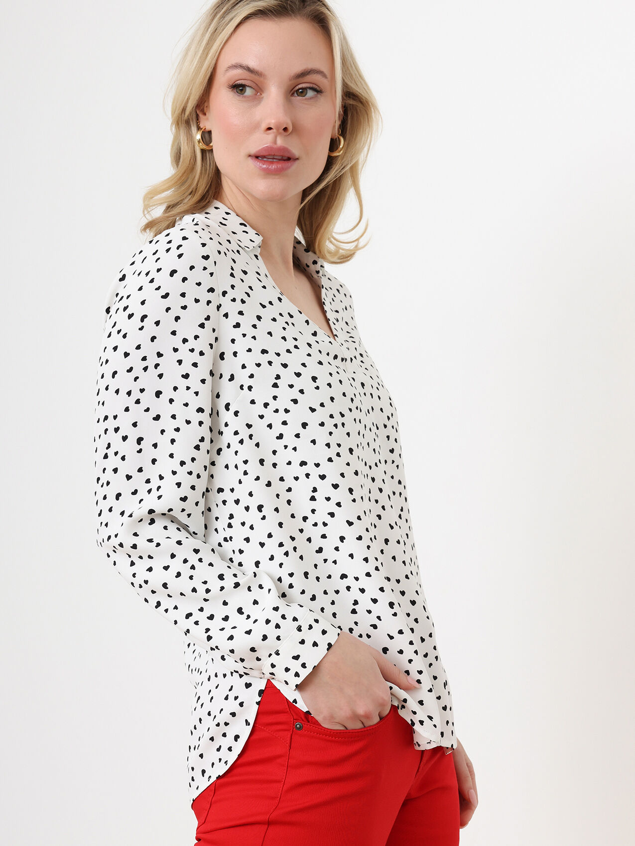 Petite Long Sleeve Collared Blouse Crepe Fabric