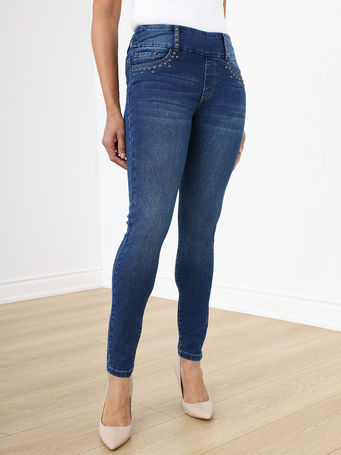 Medium Wash Slim Leg Jeans with Studs by GG