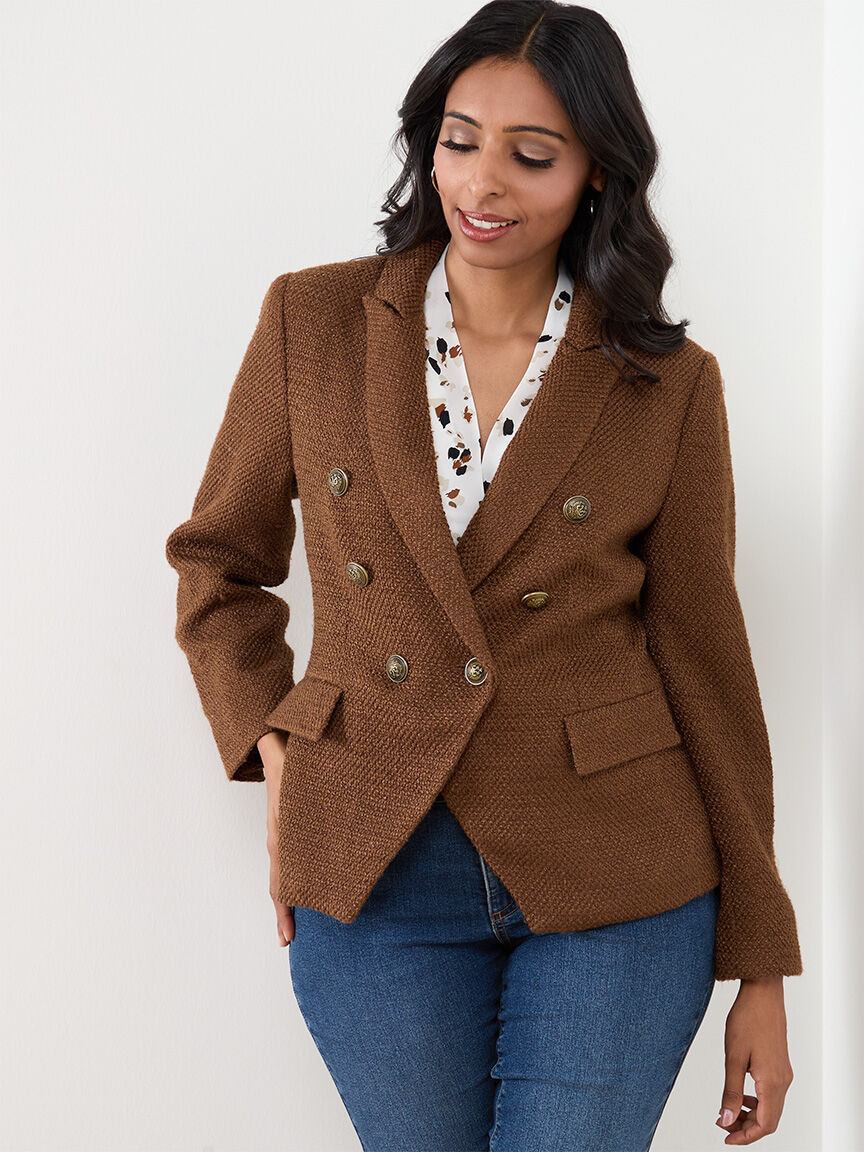 Double breasted tweed jacket on sale
