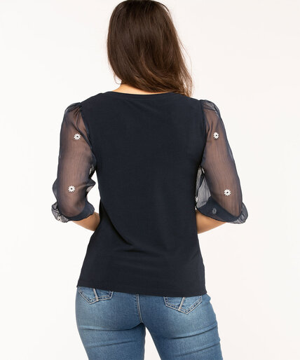 Navy Embroidered Sleeve V-Neck Top Image 3