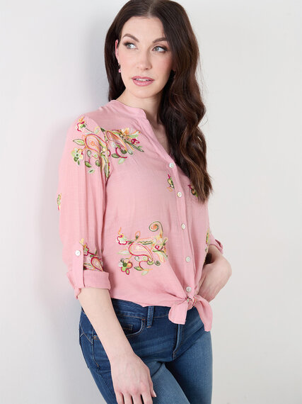 Long Sleeve Pink Embroidered Blouse Image 1