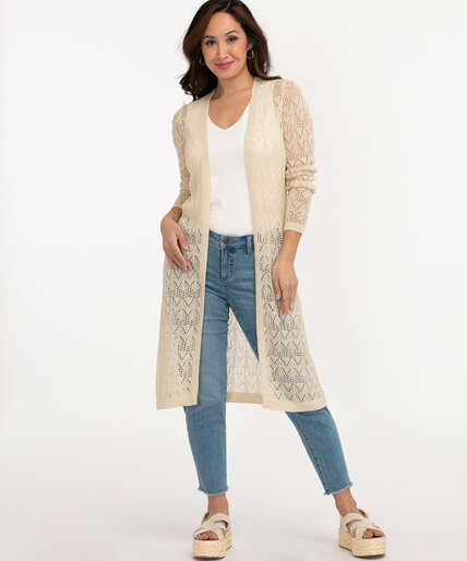 Long Open Front Pointelle Cardigan Image 3