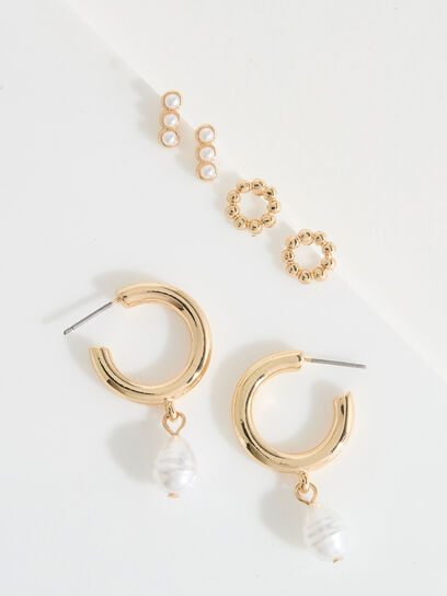 Gold, Pearl Studs & Small Hoop Earring Trio