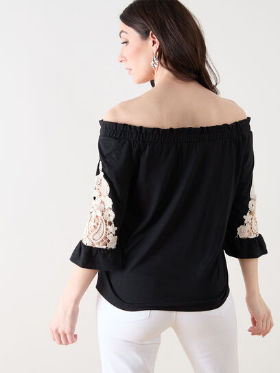 3/4 Sleeve On/Off Shoulder Top with Crochet Insert