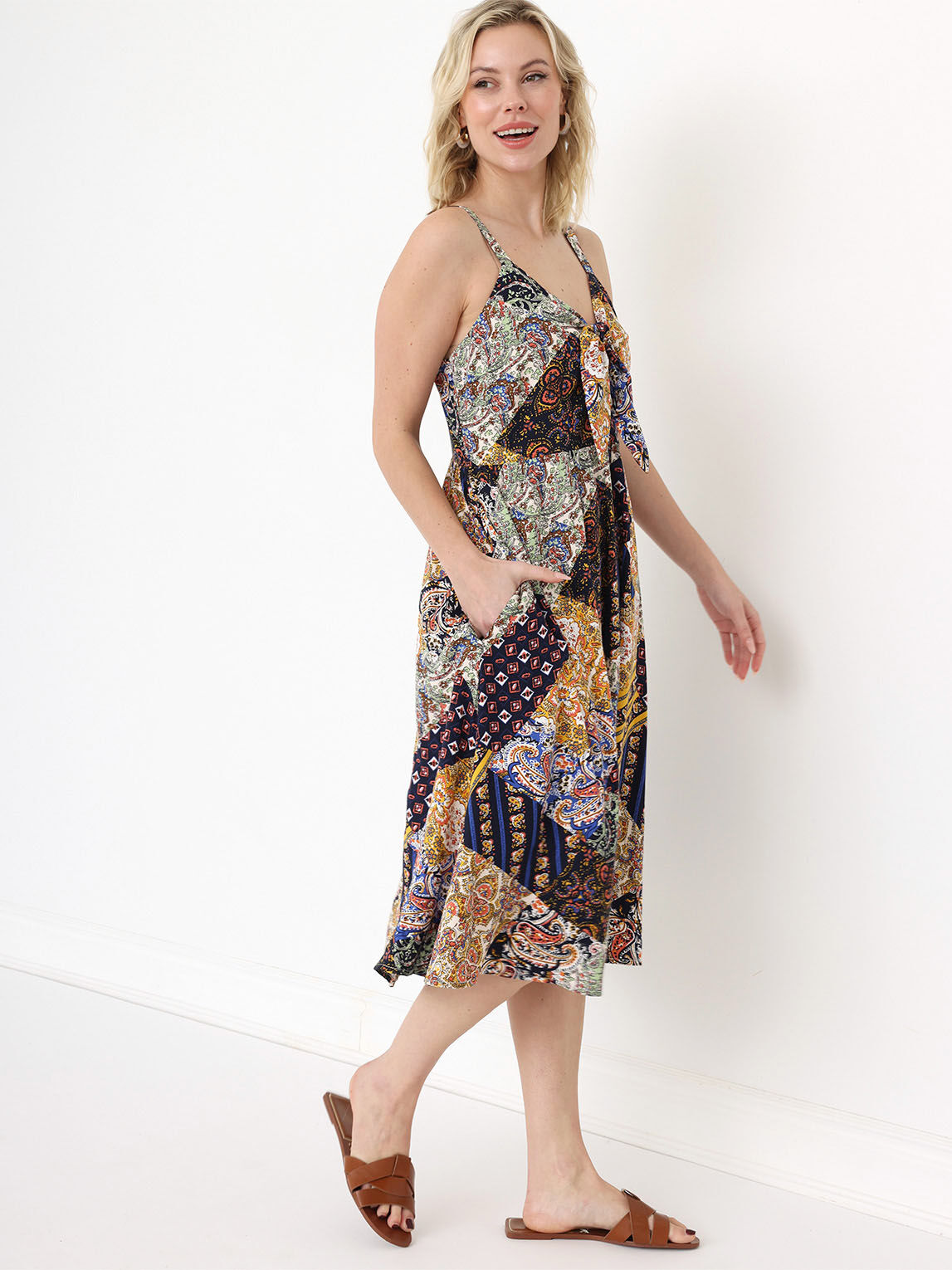 Petite Viscose Scarf Print Knot-Front Midi Dress