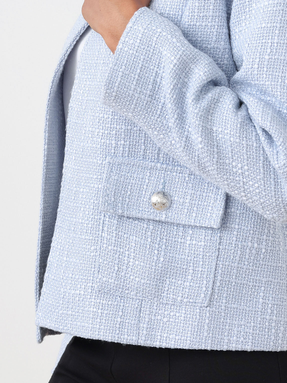 Baby blue tweed blazer outlet