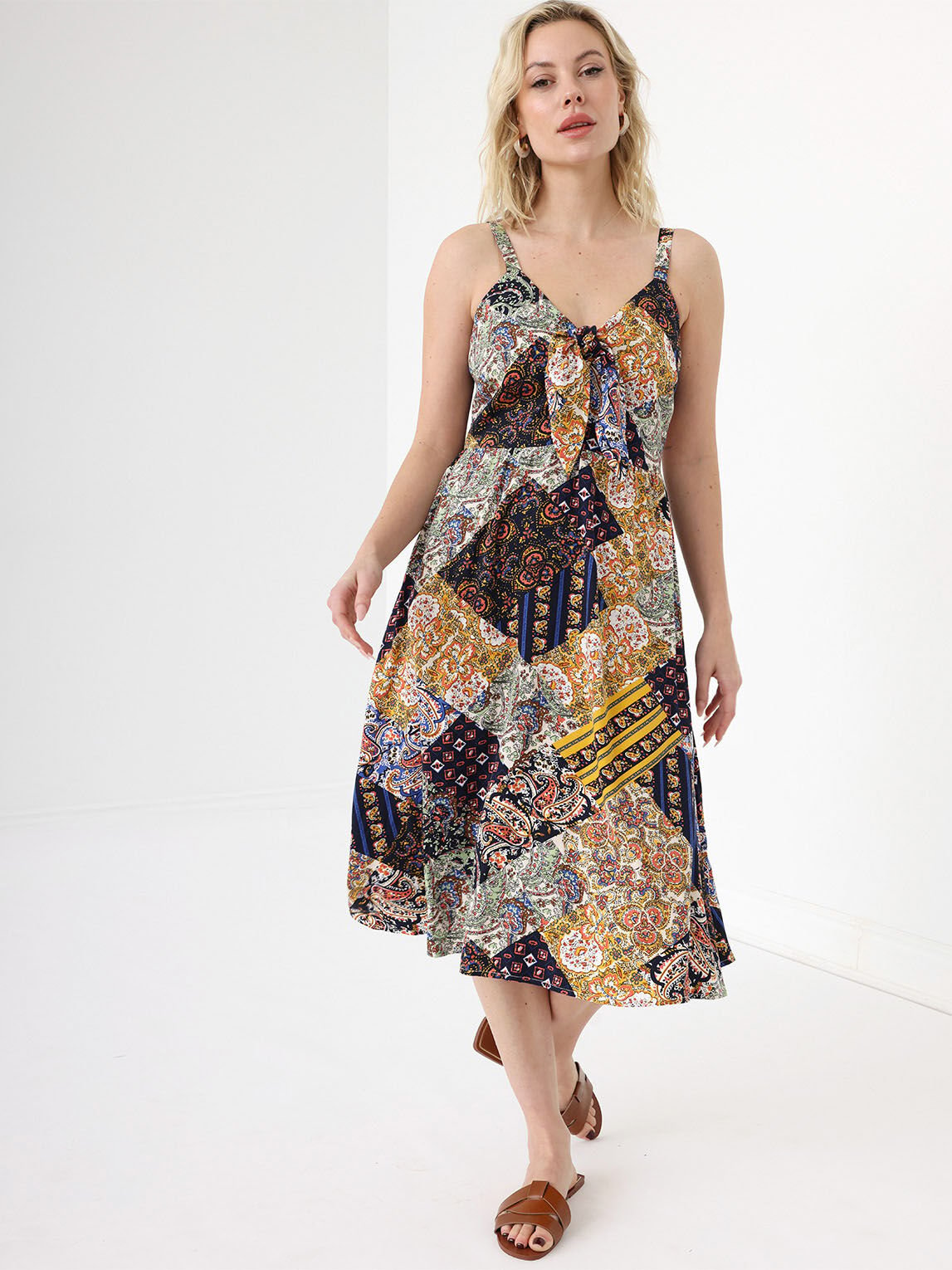 Petite Viscose Scarf Print Knot-Front Midi Dress