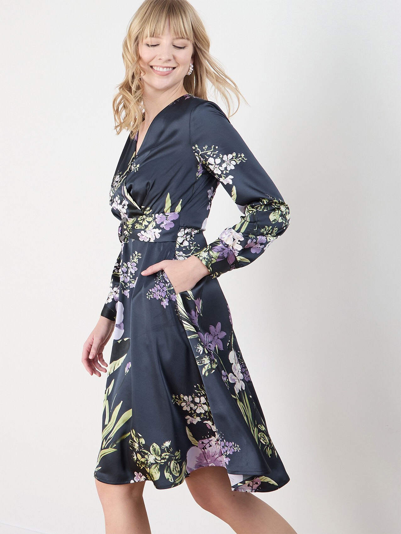 Long Sleeve Satin Fit N' Flair Dress