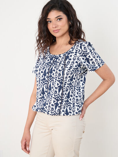 Petite Short Sleeve Cotton-Blend Top with Crochet Inserts