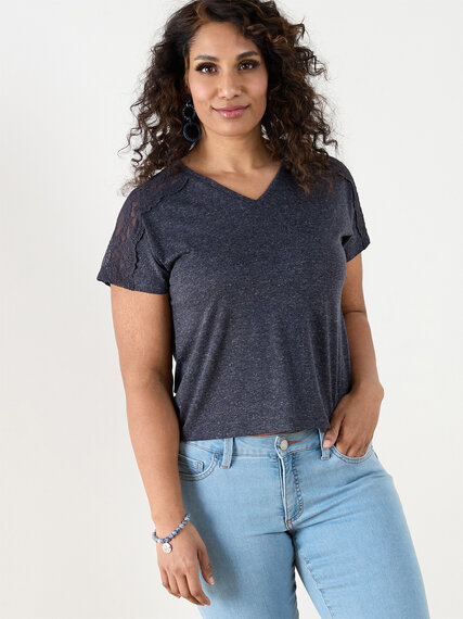 Short Lace Sleeve V-Neck T-Shirt Image 6