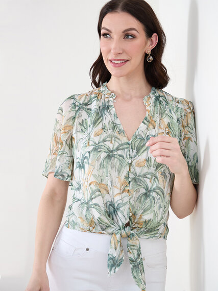 Flutter Sleeve Chiffon Blouse with Tie Front Image 1