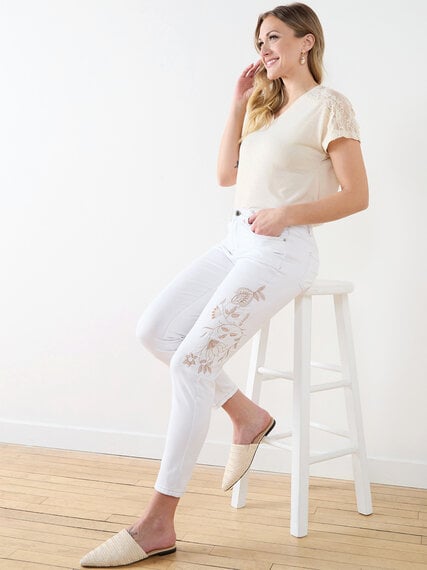 White Embroidered Ankle Jean Image 1