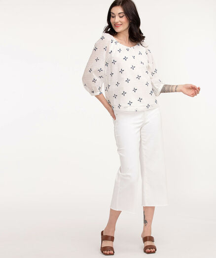 Textured Cotton Peasant Blouse, White/Navy Print Textured Cotton Peasant Blouse, White/Navy Print