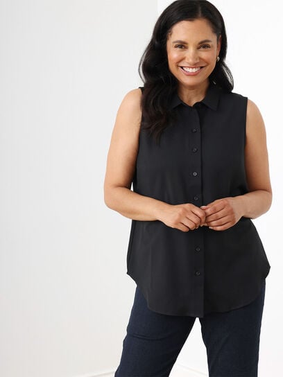 Sleeveless Collared Button Front Blouse in Black
