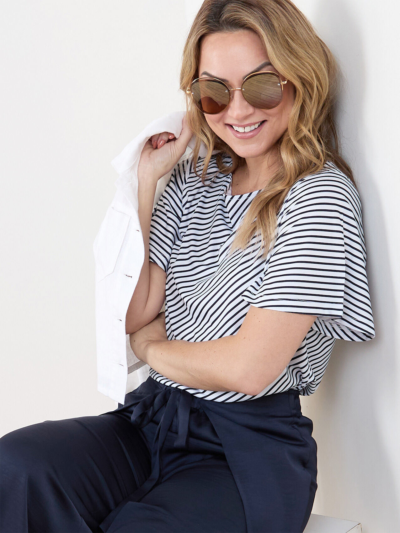 Petite Short Flutter Sleeve Stretch Crepe Top