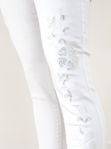 White Crop Jeans with Silver Floral Detail  Image 6