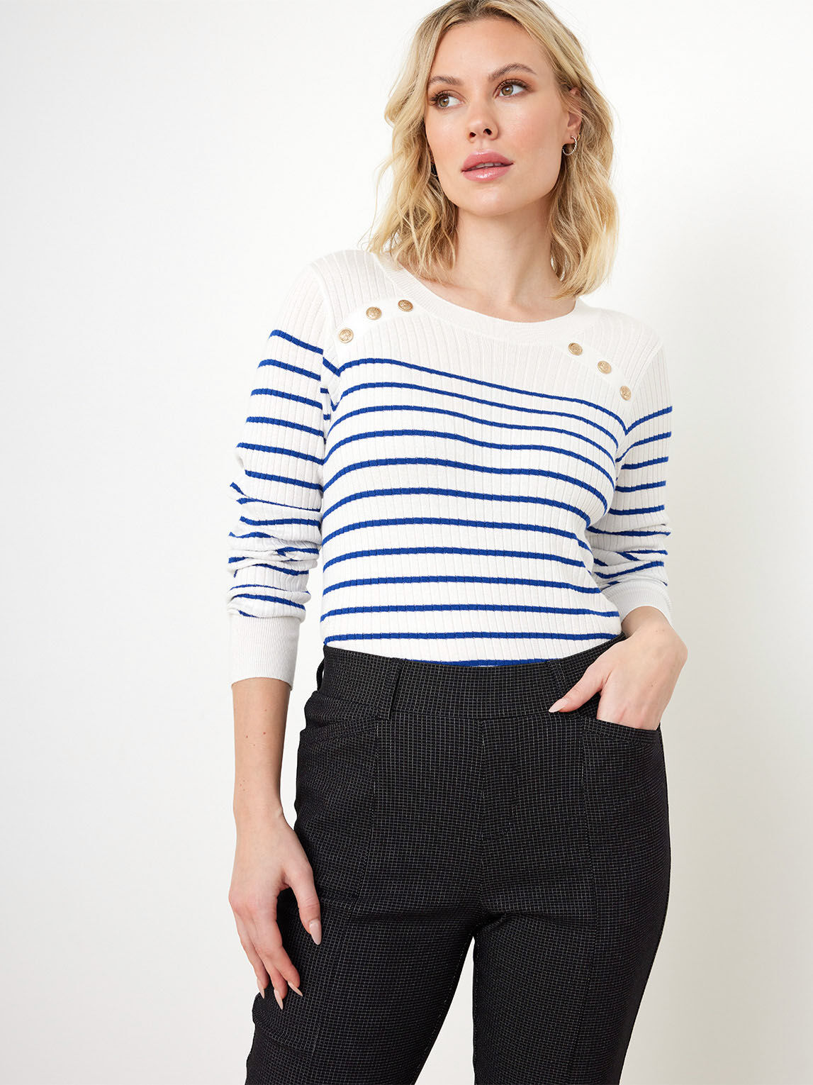Petite Long Sleeve Striped Pullover Sweater with Button Detail