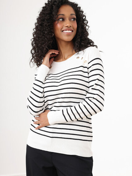 Petite Long Sleeve Striped Pullover Sweater with Button Detail Image 6