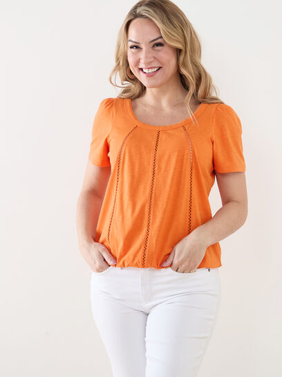 Petite Short Sleeve Cotton-Blend Top with Crochet Inserts