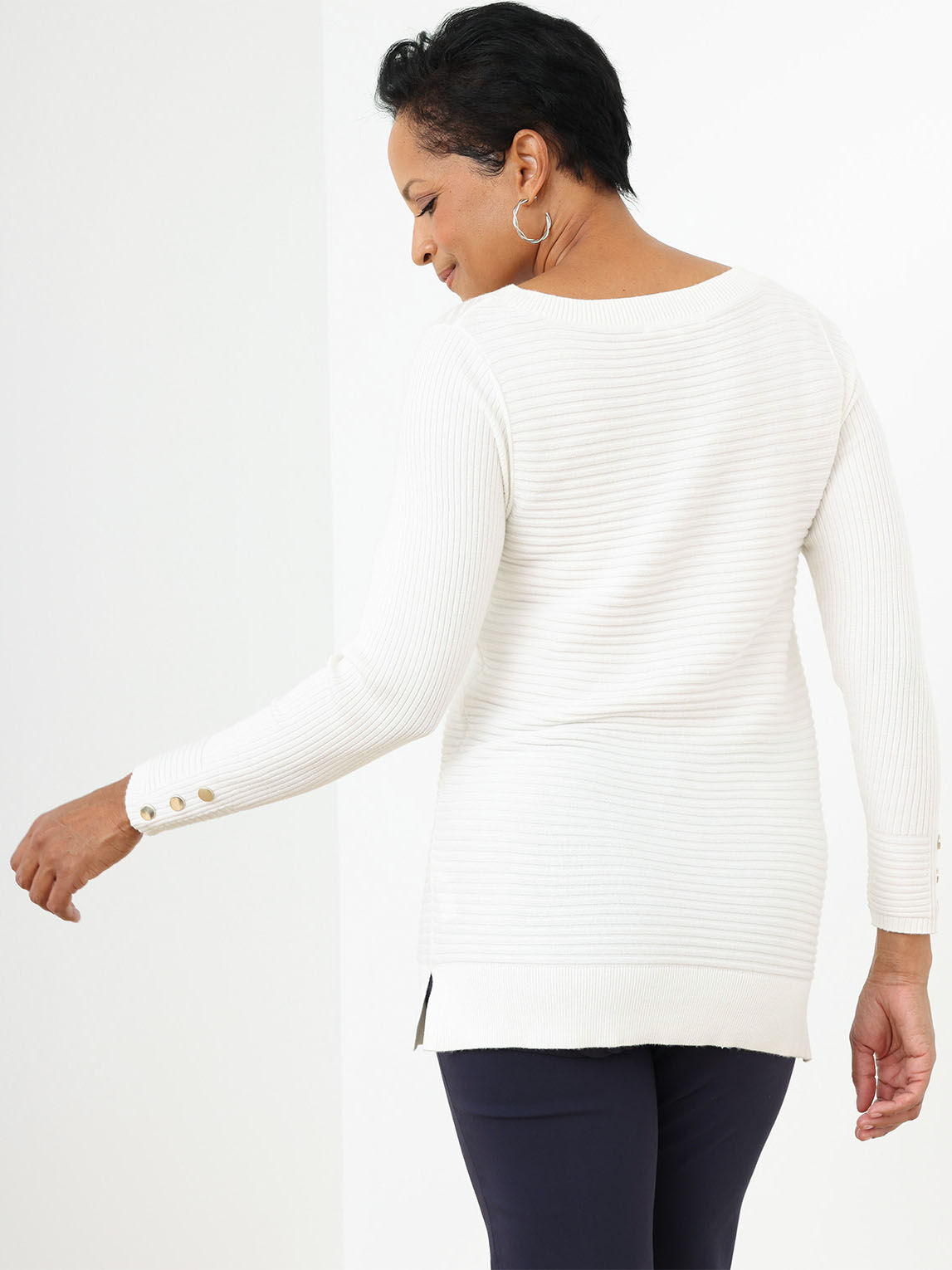 Ottoman stitch boatneck tunic with cuff buttons Cleo Ivory L