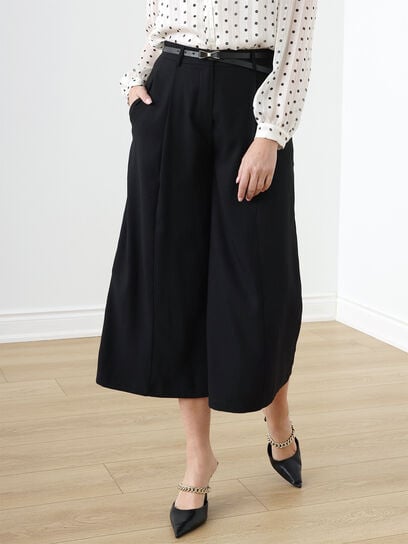 Satin Crepe Wide Crop Pleated Pant with Belt