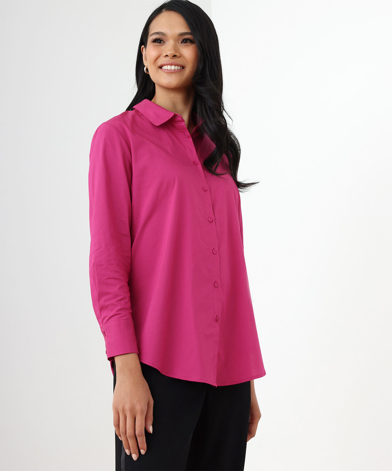 Petite Long Sleeve Relaxed Fit Collared Shirt