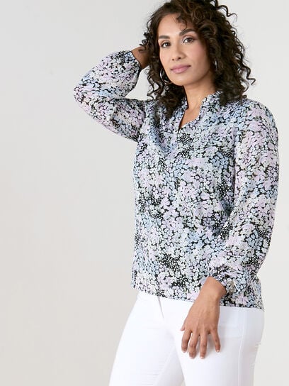 Petite Relaxed Fit Chiffon Blouse with Ruffle Detail