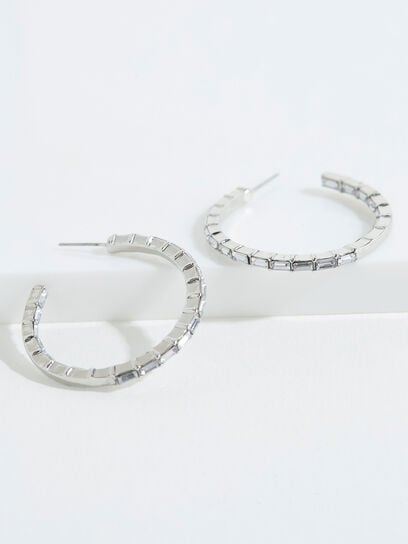 Medium Sized Silver Hoop Earrings with Crystals