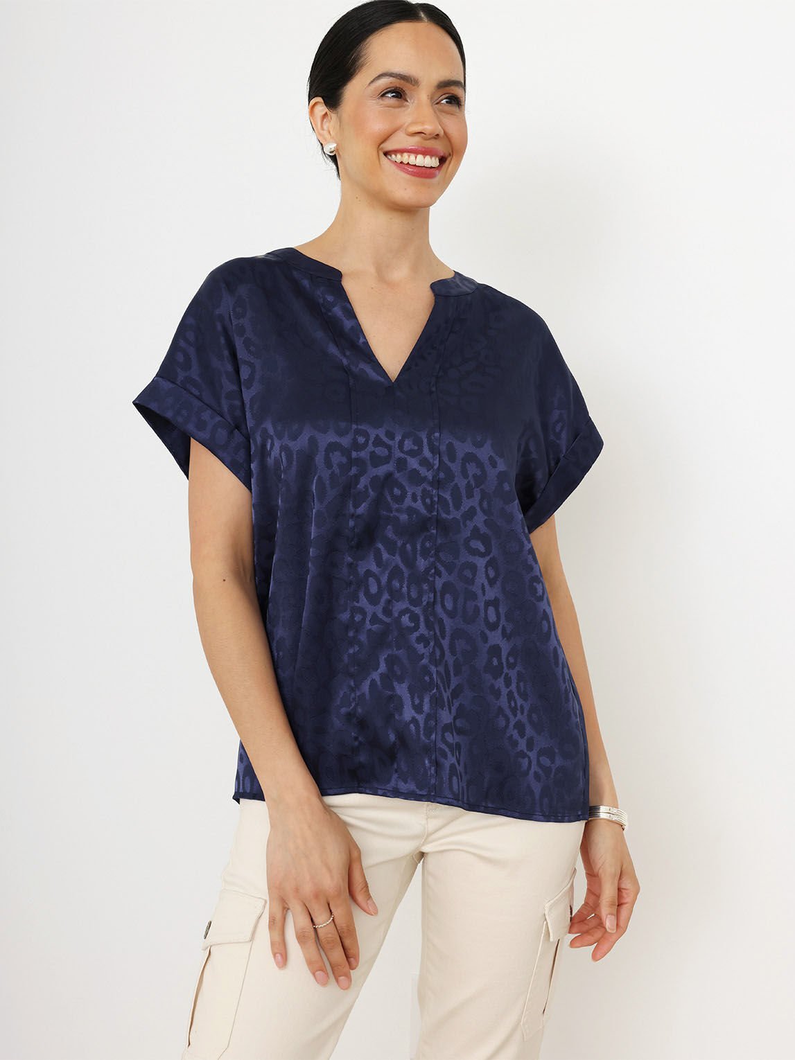 Satin Short Sleeve Leopard Print Blouse