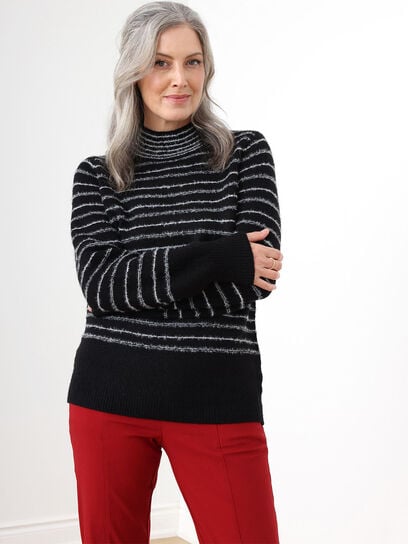 Fuzzy Stripe Mock Neck Pullover Sweater