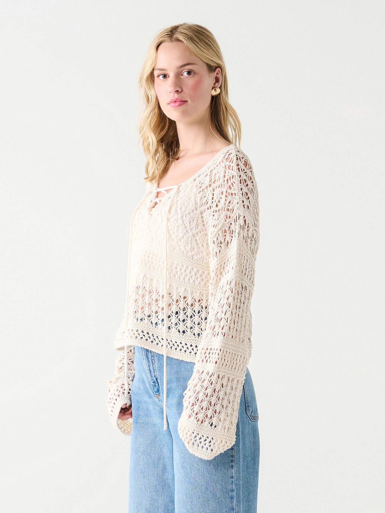 Long Sleeve Lace-Up Crochet Sweater by Dex
