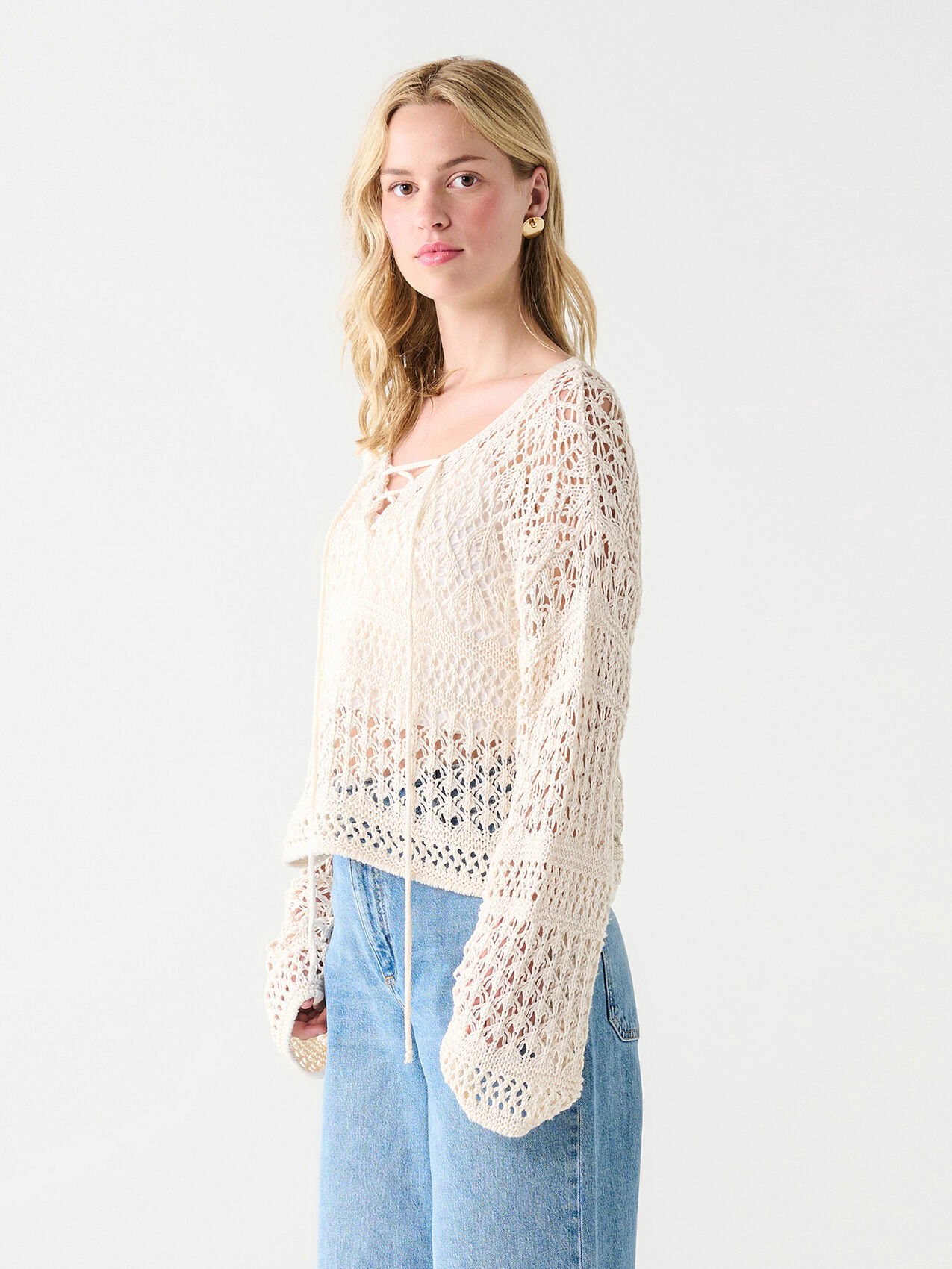 Long Sleeve Lace Up Crochet Sweater by Dex