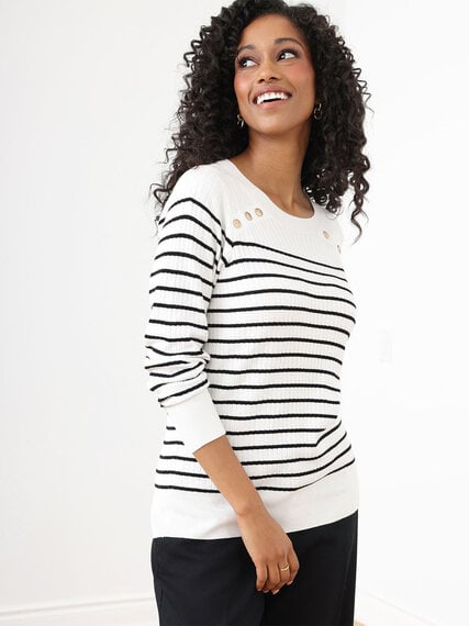 Petite Long Sleeve Striped Pullover Sweater with Button Detail Image 4