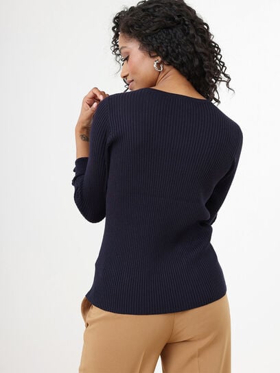 Petite 3/4 Sleeve Pointelle Knit Sweater