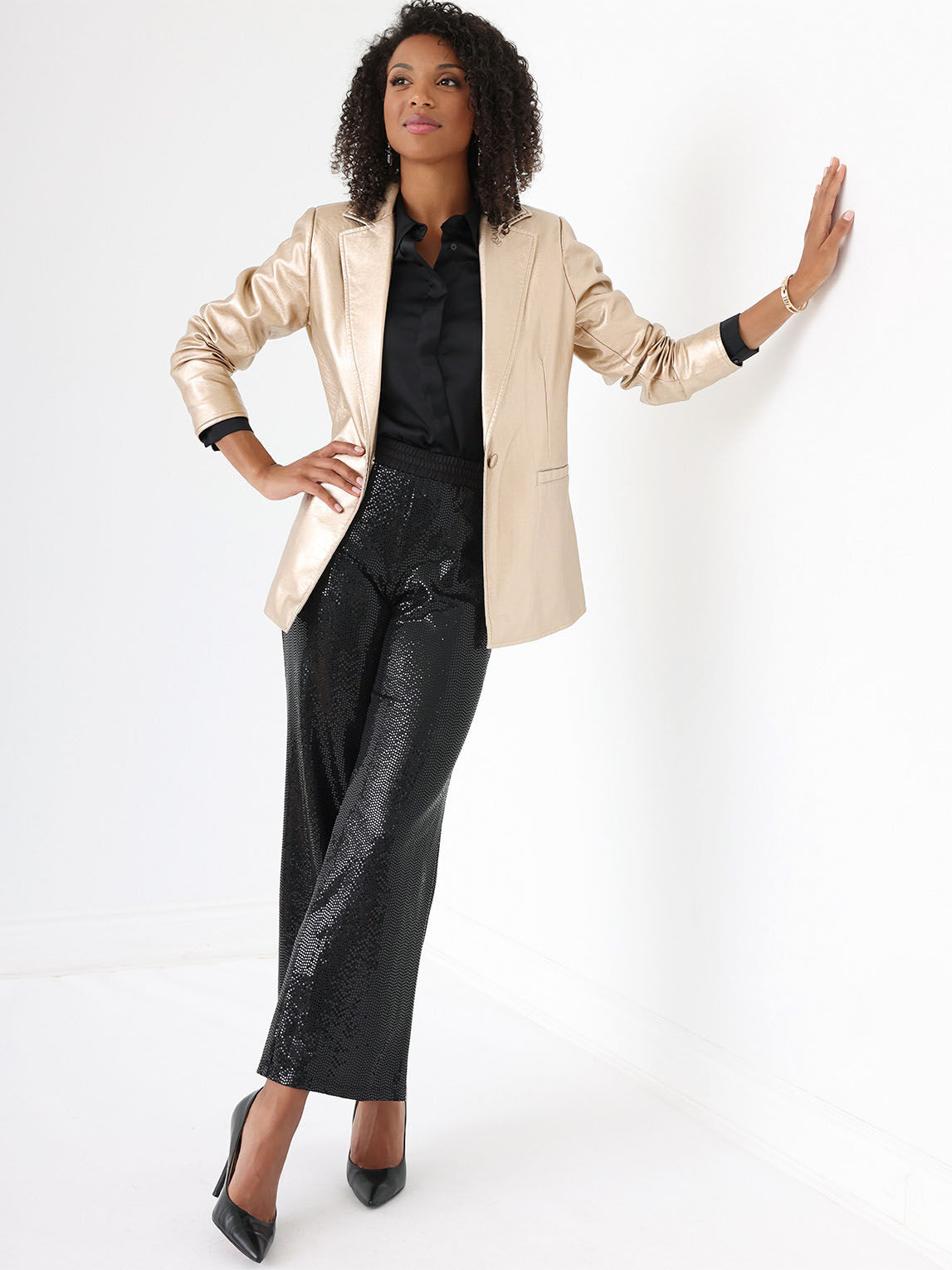 Petite Vegan Leather Metallic Blazer