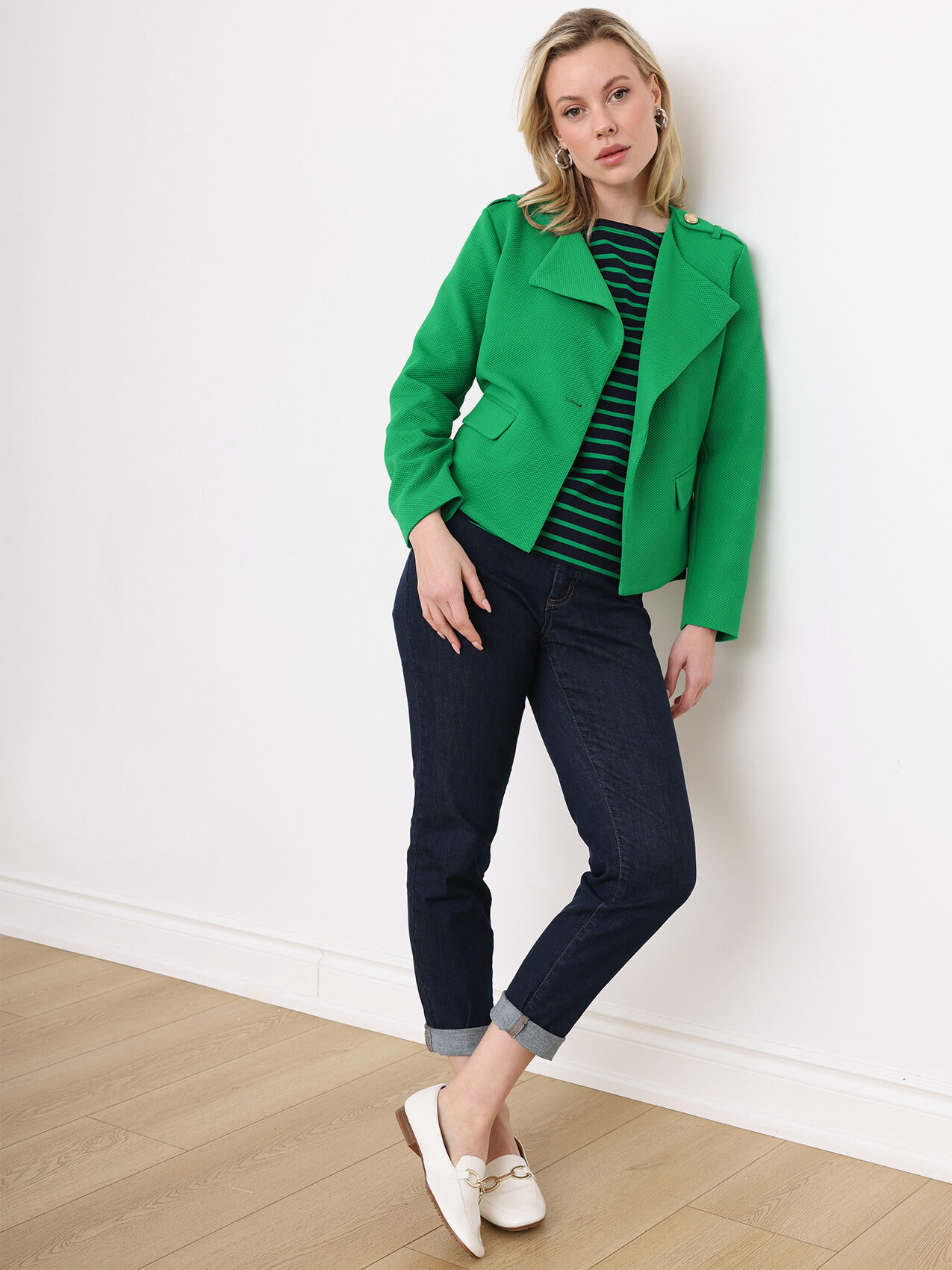 Kelly Green Knit Pique One-Button Blazer