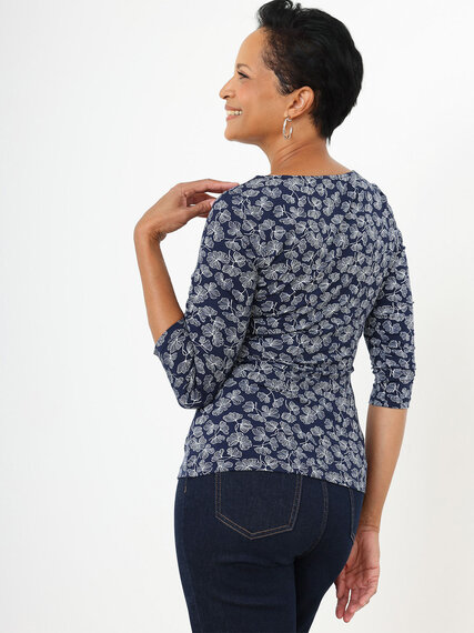 3/4 Sleeve Boat Neck Side-Ruche Top Image 3