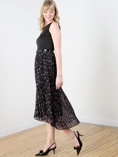 Pleated Hi-Low Midi Dress, Black Pleated Hi-Low Midi Dress, Black