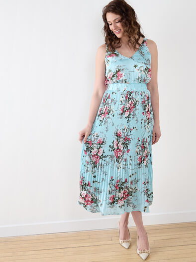 Satin V-Neck Floral Midi Dress, Blue Print Satin V-Neck Floral Midi Dress, Blue Print
