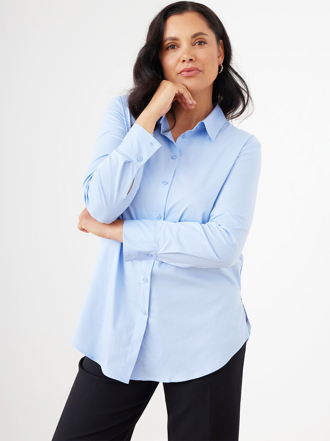 Blue long sleeve collared shirt discount