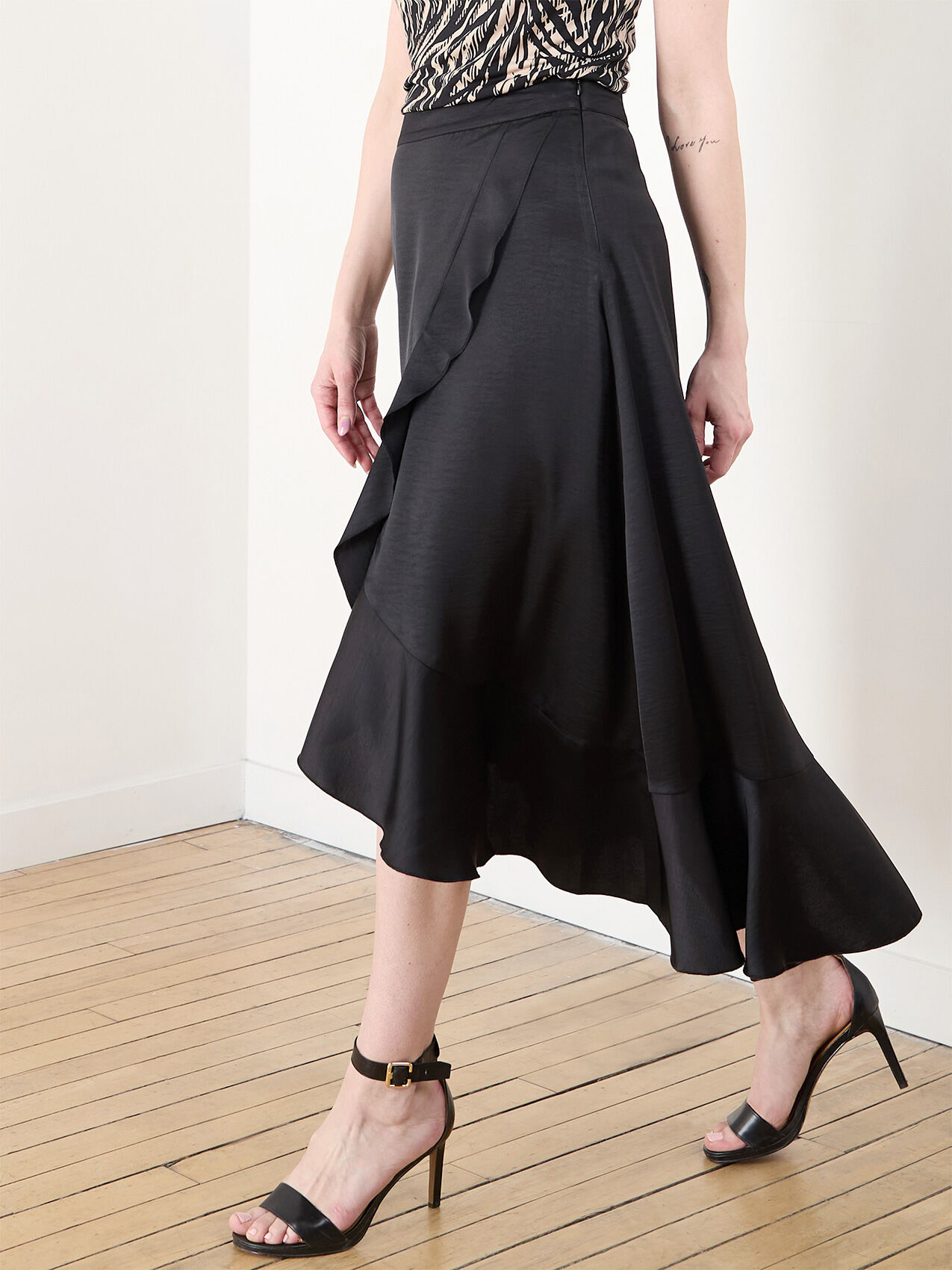 Black satin wrap skirt discount
