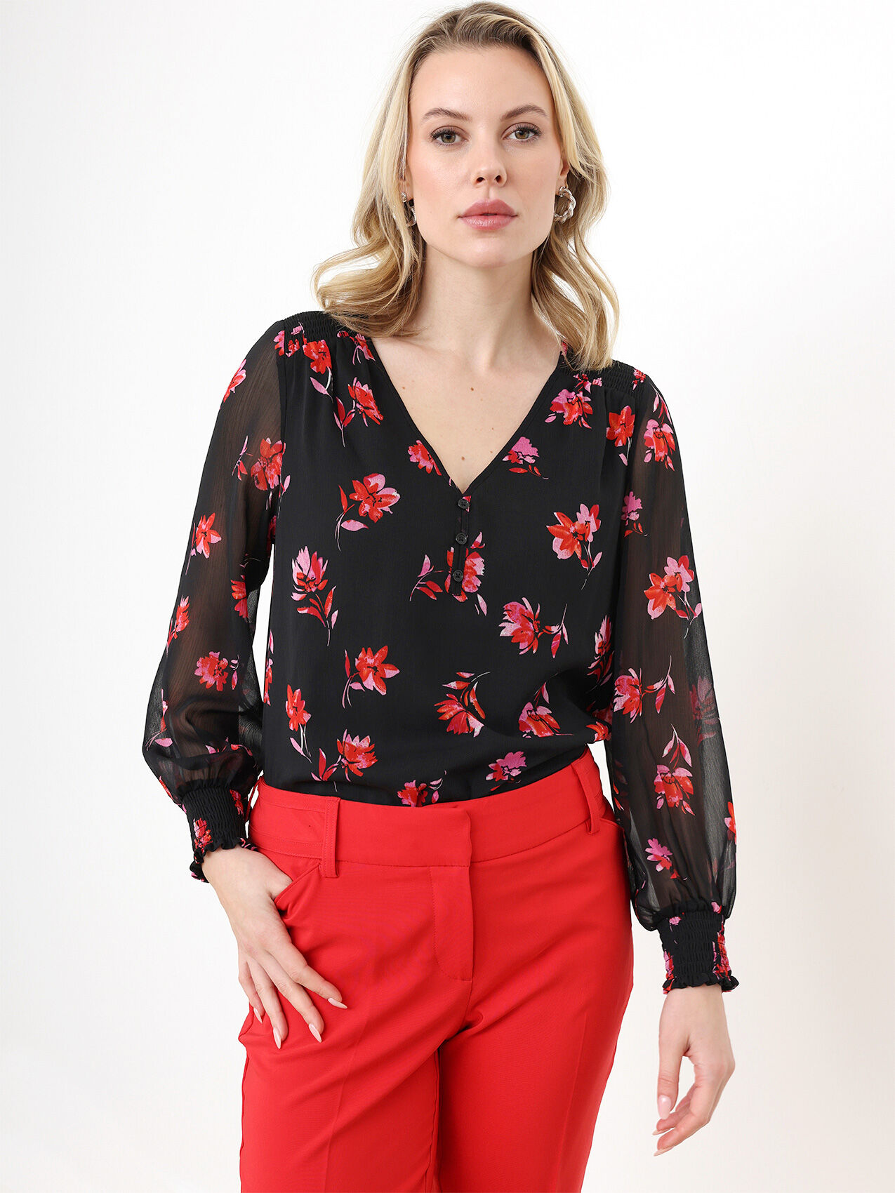 Petite Long Sleeve V-Neck Chiffon Blouse