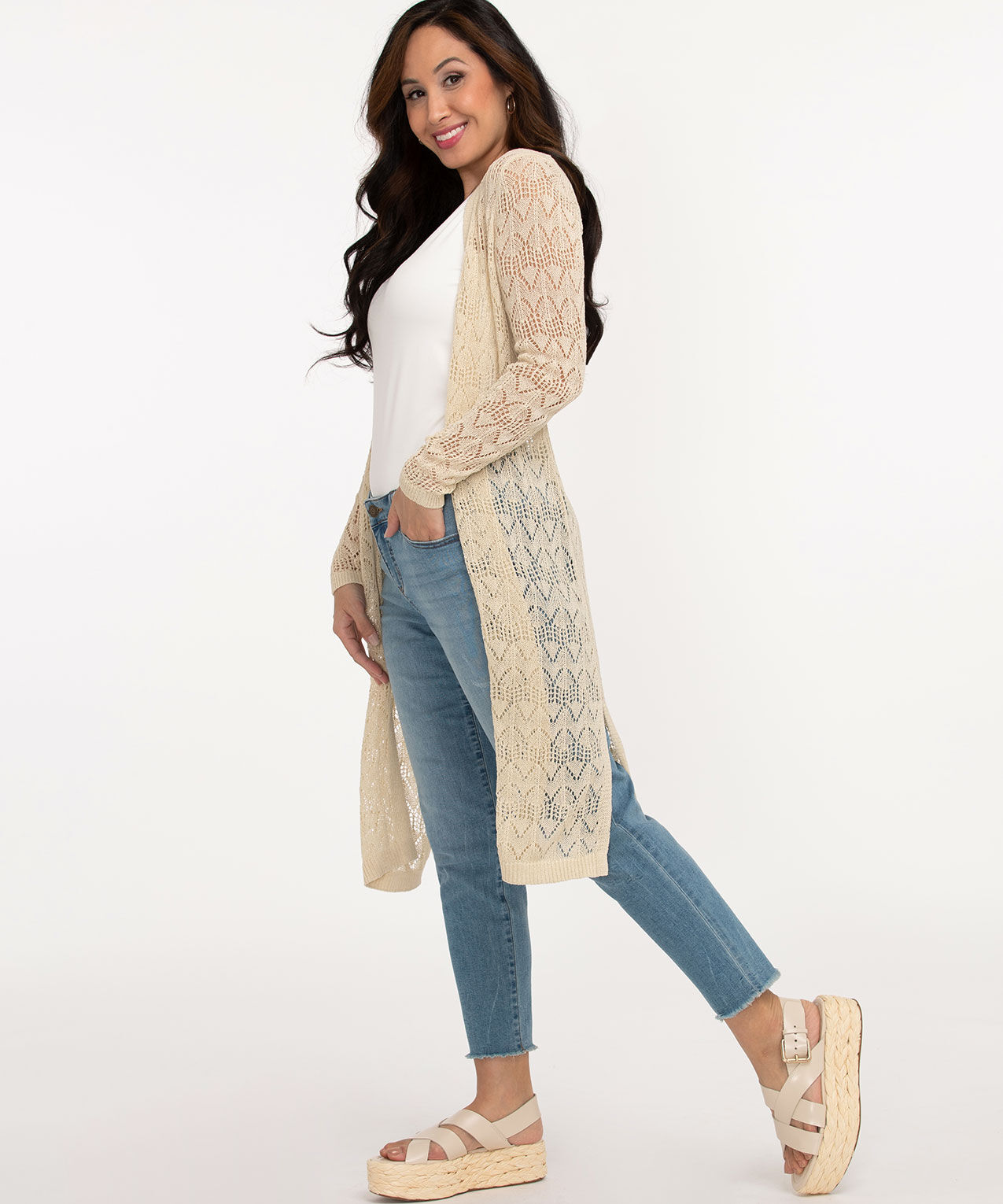 Long Open Front Pointelle Cardigan Cleo 4000005549