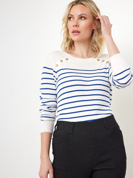Petite Long Sleeve Striped Pullover Sweater with Button Detail Image 5