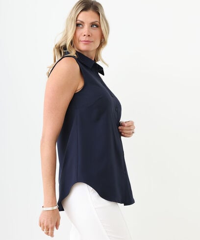 Sleeveless Collared Button Front Blouse in Navy